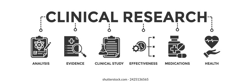 Clinical research banner web icon vector illustration concept with icon of analysis, evidence, clinical study, effectiveness, medications and health