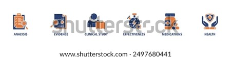 Clinical research banner web icon set vector illustration concept with icon of analysis, evidence, clinical study, effectiveness, medications and health icons symbol live stroke, pixel perfect.