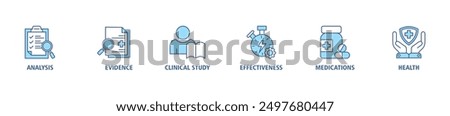 Clinical research banner web icon set vector illustration concept with icon of analysis, evidence, clinical study, effectiveness, medications and health icons symbol live stroke, pixel perfect.