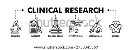 Clinical research banner web line vector illustration concept with icon of analysis, evidence, clinical study, effectiveness, medications and health