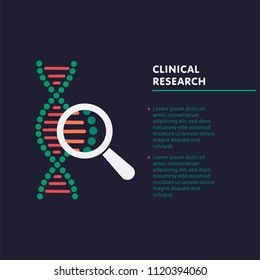 Clinical research concept. dna chain in magnifying glass sign. genetic engineering, cloning, paternity testing. vector illustration