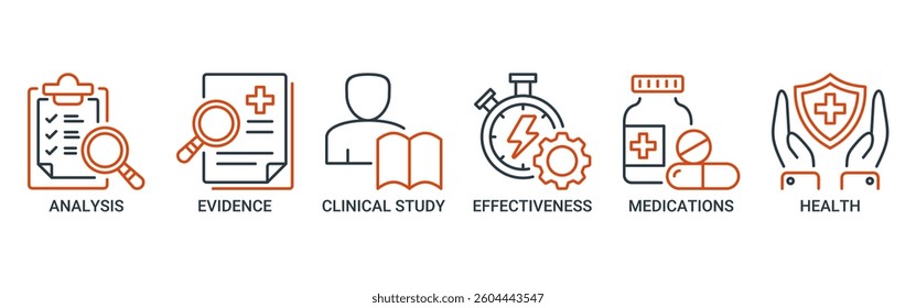 Clinical research icon set vector illustration concept with icons outline dual color symbol background.
