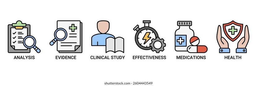 Clinical research icon set vector illustration concept with icons outline color symbol background.