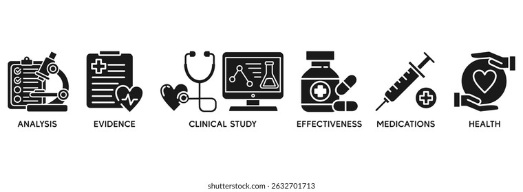 O conceito de ilustração vetorial do conjunto de ícones de pesquisa clínica relaciona-se à análise, evidência, estudo clínico, eficácia, medicamentos e saúde