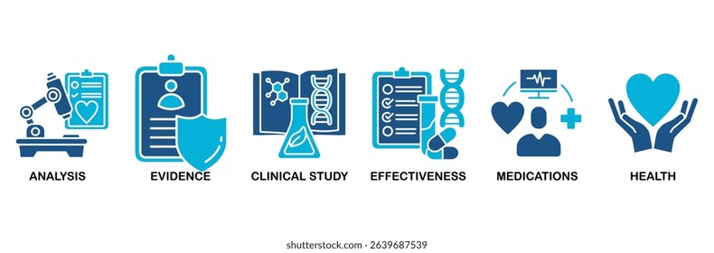 Clinical research icon set vector illustration concept with icon of analysis, evidence, clinical study, effectiveness, medications and health