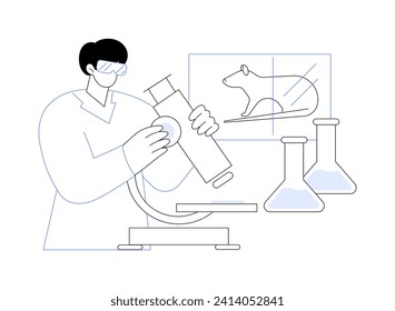 Clinical research isolated cartoon vector illustrations. Smiling student exploring mice in the laboratory, making expertise and clinical research, look through a microscope vector cartoon.