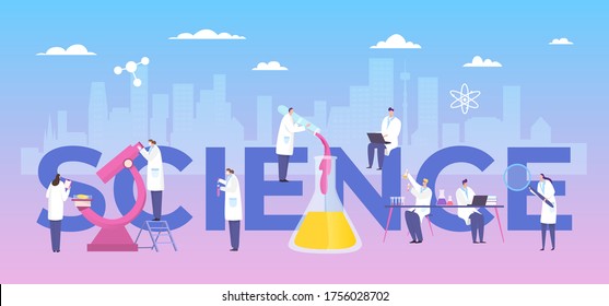 Clinical Research Laboratory Drug, Doctor Teamwork Vector Illustration. Man And Woman In Medical Gown Conducting Experiment, Chemical Reactions. On Enlarged Book, With Large Flask And Microscope.