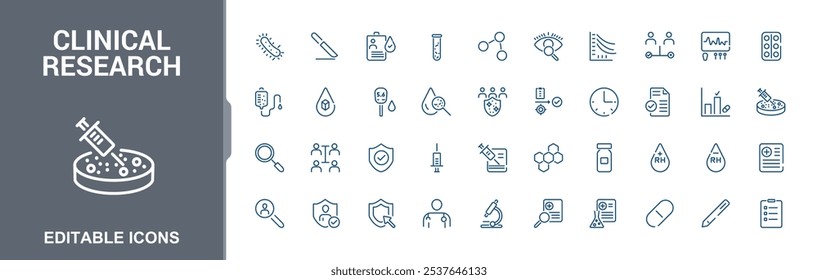 Colección lineal de iconos de investigación clínica. Con bioquímica, tratamiento, Prueba, ciencia, investigación, pruebas y más. Iconos de línea minimalistas simples. Ilustración vectorial en estilo de línea moderna.