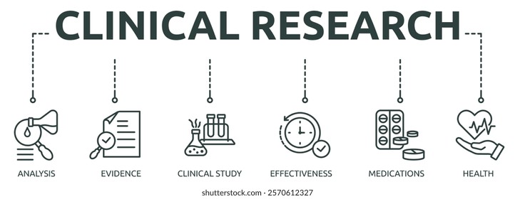 clinical research outline banner icon of analysis, evidence, clinical study, effectiveness, medications, health