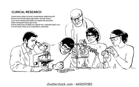 Clinical research. Scientists working in the medical laboratory. Hand drawn vector illustration.