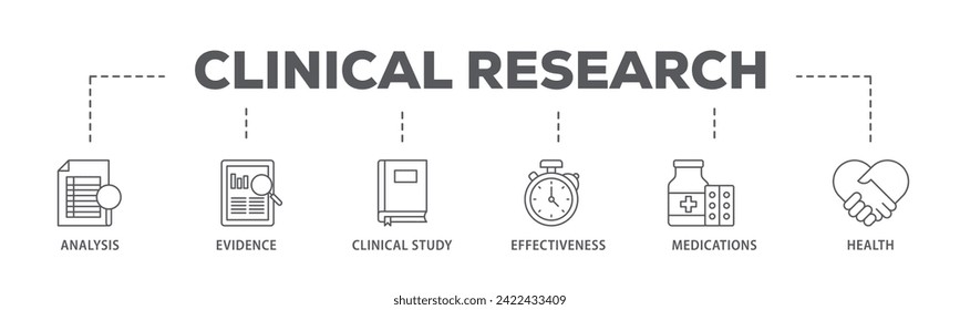 Clinical research web banner icon vector illustration concept consists of analysis, evidence, clinical study, effectiveness, medications and health icon live stroke and easy to edit