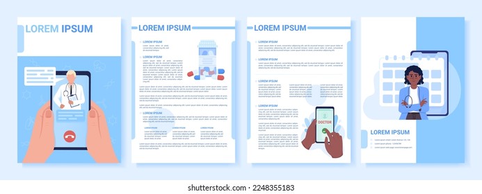 Plantilla de folletos en línea de vectores planos de servicios clínicos. Folleto, folletos imprimibles en color plano. Página de revista editable, kit de informes con espacio de texto. Fuentes Roboto Myriad Pro utilizadas