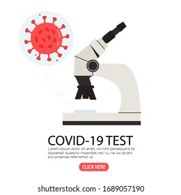 Ensayo de Especímenes Clínicos de la Enfermedad de Coronavirus 2019 COVID-19. Prueba de diagnóstico inicial. Investigación de vacunas. Concepto médico de la enfermedad del coronavirus o investigación del SARS-CoV-2 con banner microscópico.