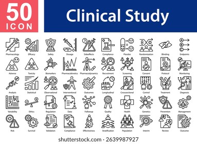 Clinical Studies Collection of Icons with Outline Style Containing:  Pharmacology,Efficacy,Safety,Dosage,Side-effects,Compliance,Placebo,Randomization,Blinding,Endpoints,Adverse,Toxicity,Biomarkers