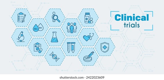 Clinical studies, trials, experiments. Concept in blue color on a background of hexagons or honeycomb. Line icons on the theme of medicine. Vector