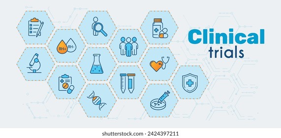 Clinical studies, trials, experiments. Concept in blue and orange color on a background of hexagons or honeycomb. Line icons on the theme of medicine. Vector