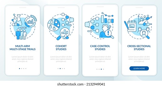 Clinical studies types blue onboarding mobile app screen. Healthcare walkthrough 4 steps graphic instructions pages with linear concepts. UI, UX, GUI template. Myriad Pro-Bold, Regular fonts used
