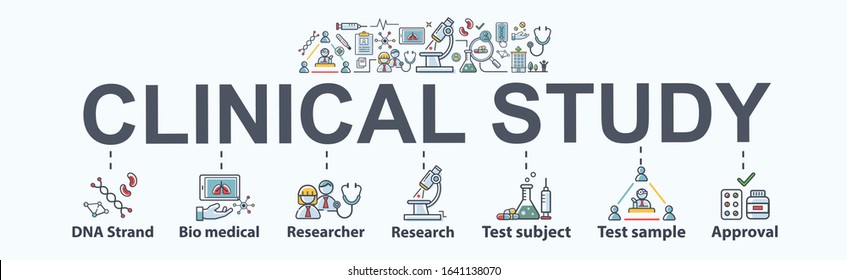 Clinical study banner web icon for medical research, clinical trial, bio medical, research, test subject and sample and drug approval. Minimal vector infographic.