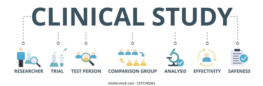 Clinical Study Banner Web Icon Vector Illustration Concept For Clinical Trial Research With An Icon Of Researcher, Trial, Test Person, Comparison Group, Analysis, Effectivity, And Safeness