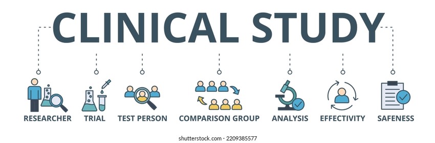 Clinical Study Banner Web Icon Vector Illustration Concept For Clinical Trial Research With An Icon Of Researcher, Trial, Test Person, Comparison Group, Analysis, Effectivity, And Safeness