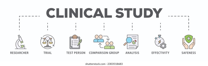 Clinical study banner web icon vector illustration concept for clinical trial research with an icon of researcher, trial, test person, comparison group, analysis, effectivity, and safeness
