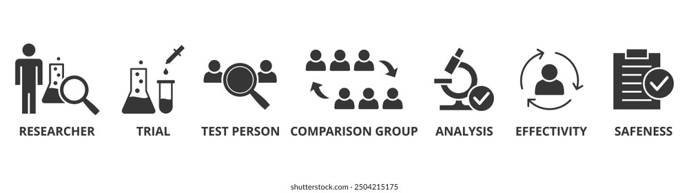 Clinical study banner web icon vector illustration concept for clinical trial research with an icon of researcher, trial, test person, comparison group, analysis, effectivity, and safeness