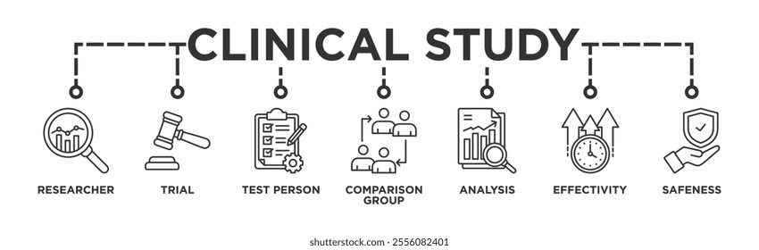 Clinical study banner web icon vector illustration concept for clinical trial research with an icon of researcher, trial, test person, comparison group, analysis, effectivity, and safeness	