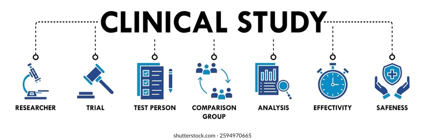 Clinical study banner web icon vector illustration concept for clinical trial research with an icon of researcher, trial, test person, comparison group, analysis, effectivity, and safeness