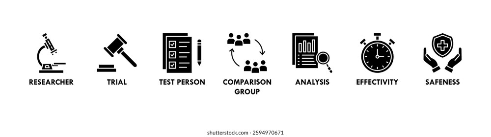 Clinical study banner web icon vector illustration concept for clinical trial research with an icon of researcher, trial, test person, comparison group, analysis, effectivity, and safeness