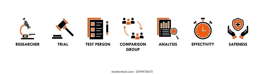 Clinical study banner web icon vector illustration concept for clinical trial research with an icon of researcher, trial, test person, comparison group, analysis, effectivity, and safeness