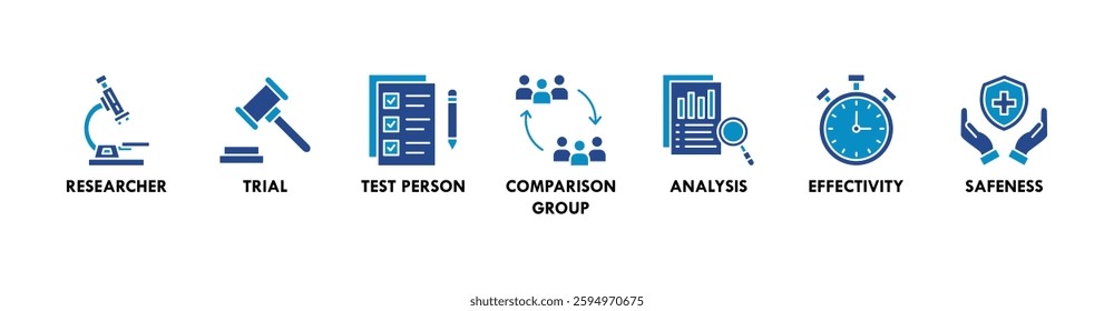 Clinical study banner web icon vector illustration concept for clinical trial research with an icon of researcher, trial, test person, comparison group, analysis, effectivity, and safeness