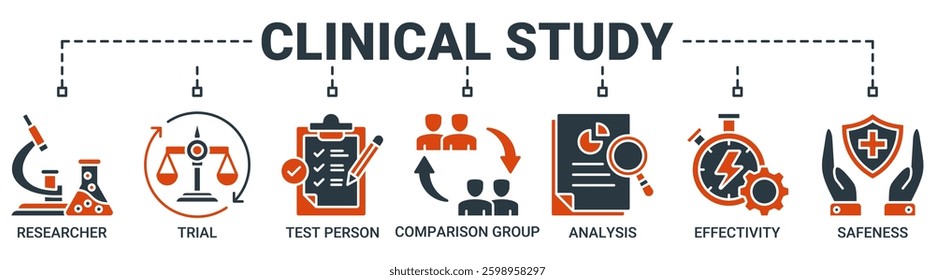 Clinical study banner web icon vector illustration concept with an icon of researcher, trial, test person, comparison group, analysis, effectivity, and safeness icons. Solid color symbol background.
