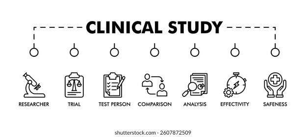 CLINICAL STUDY banner web icon vector illustration concept for clinical trial research with an icon of researcher, trial, test person, comparison group, analysis, effectivity, and safeness