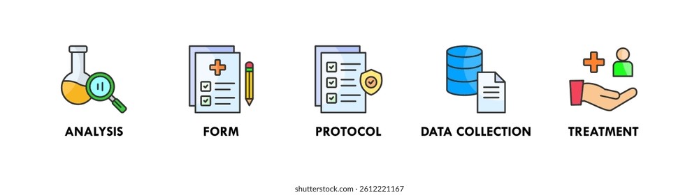 Clinical Study banner web icon illustration concept with icon of analysis, form, protocol, data collection, and treatment