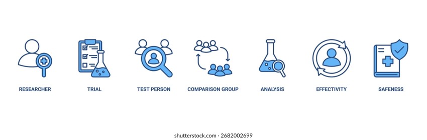 Clinical study banner web icon vector illustration concept for clinical trial research with an icon of researcher, trial, test person, comparison group, analysis, effectivity, and safeness