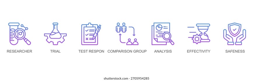 Anuncio De Estudio Clínico Icono De Web Vector Línea Estilo Ilustración Concepto Con Icono De Estudio Clínico, Investigación Médica, Investigador, Prueba Clínica, Respuesta A La Prueba, Grupo De Comparación, Análisis, Eficacia
