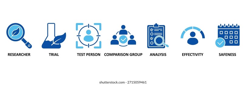 Clinical study banner web icon set In Blue Style vector illustration forclinical trial research with an icon of researcher, trial, test person, comparison group, analysis, effectivity, and safeness