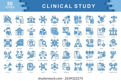 The Clinical Study blue icon set highlights essential elements of scientific trials and medical research.ideal for illustrating protocols, data validation, risk evaluation, and regulatory compliance.