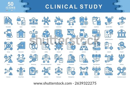 The Clinical Study blue icon set highlights essential elements of scientific trials and medical research.ideal for illustrating protocols, data validation, risk evaluation, and regulatory compliance.