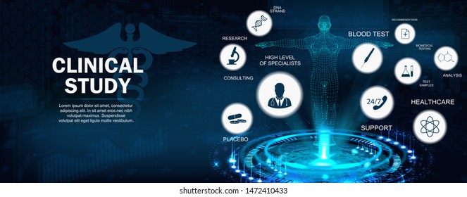 Clinical Study Concept banner with keywords and icons and 3D body hologram. Healthcare modern examination of human health and proper treatment. Full support. Vector illustration, Medical concept