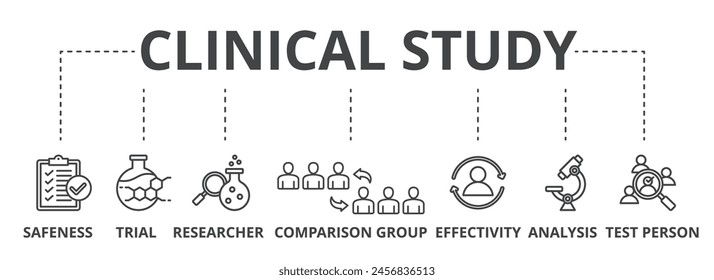 Clinical study concept icon illustration contain safeness, trial, researcher, comparison group, effectivity, analysis and test person.