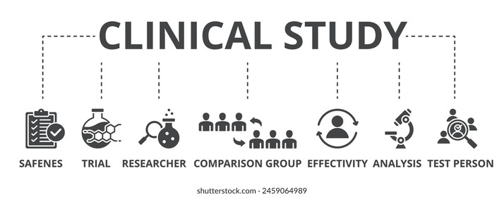 Clinical study concept icon illustration contain safeness, trial, researcher, comparison group, effectivity, analysis and test person.