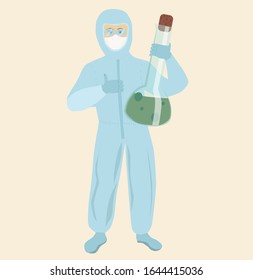 Clinical study of diseases and viruses. A doctor in a protective suit examines the history of the virus and finds an antiviral agent. Vector flat illustration.