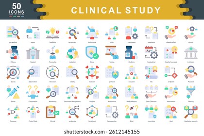 The Clinical Study flat icon set highlights essential elements of scientific trials and medical research.ideal for illustrating protocols, data validation, risk evaluation, and regulatory compliance.