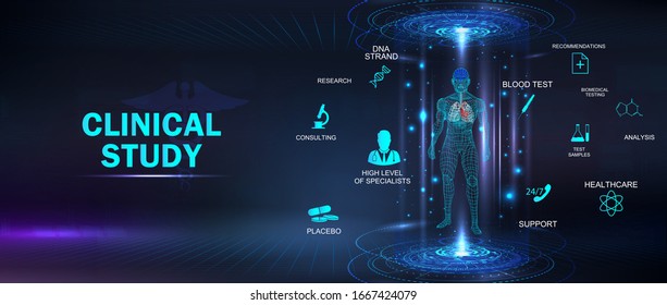 Estudio clínico, banner de concepto de salud con palabras clave e íconos y holograma del cuerpo 3D. Examen futurista de la salud humana y tratamiento adecuado al estilo HUD. Rayo X Sci 3D. Pancarta médica de vectores