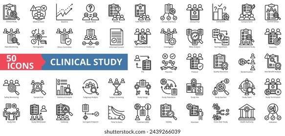 Clinical study icon collection set. Containing adverse event, baseline, double blind, blinding, case report form, endpoint, clinical trial icon. Simple line vector illustration.