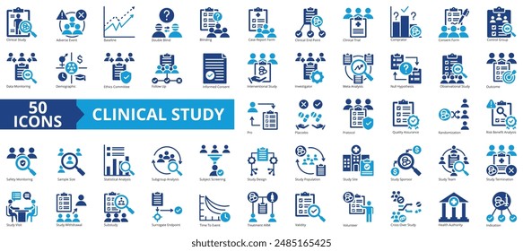 Clinical study icon collection set. Containing adverse event, baseline, double blind, blinding, case report form, endpoint, clinical trial icon. Simple flat vector illustration.