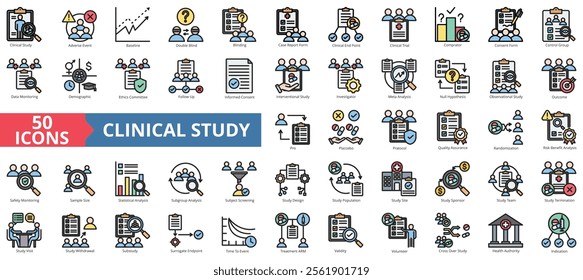 Clinical study icon collection set. Containing adverse event, baseline, double blind, blinding, case report form, endpoint, clinical trial icon. Simple flat outline vector illustration