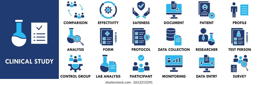 Clinical Study icon collection set. Containing design medical, clinic, medicine, research, hospital