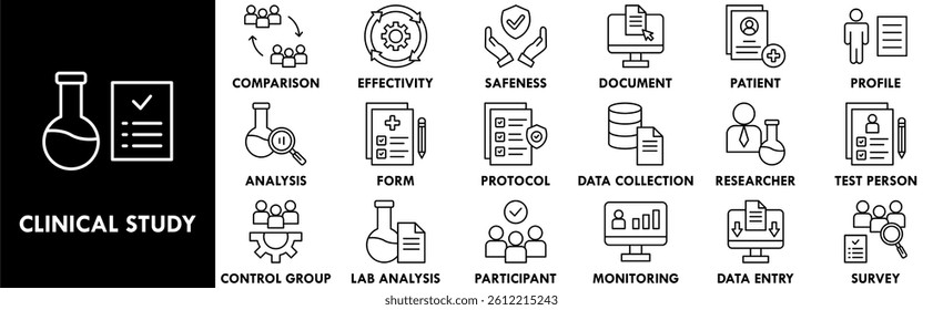 Clinical Study icon collection set. Containing design medical, clinic, medicine, research, hospital